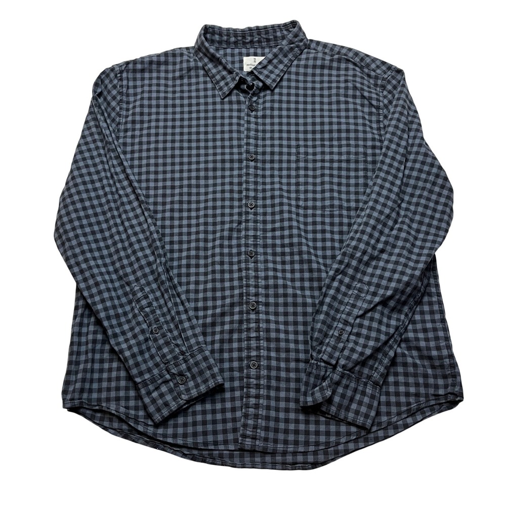 Mutual Weave Button Down Mens XXL‎ Blue Gingham Plaid Long Sleeve Stretch Shirt